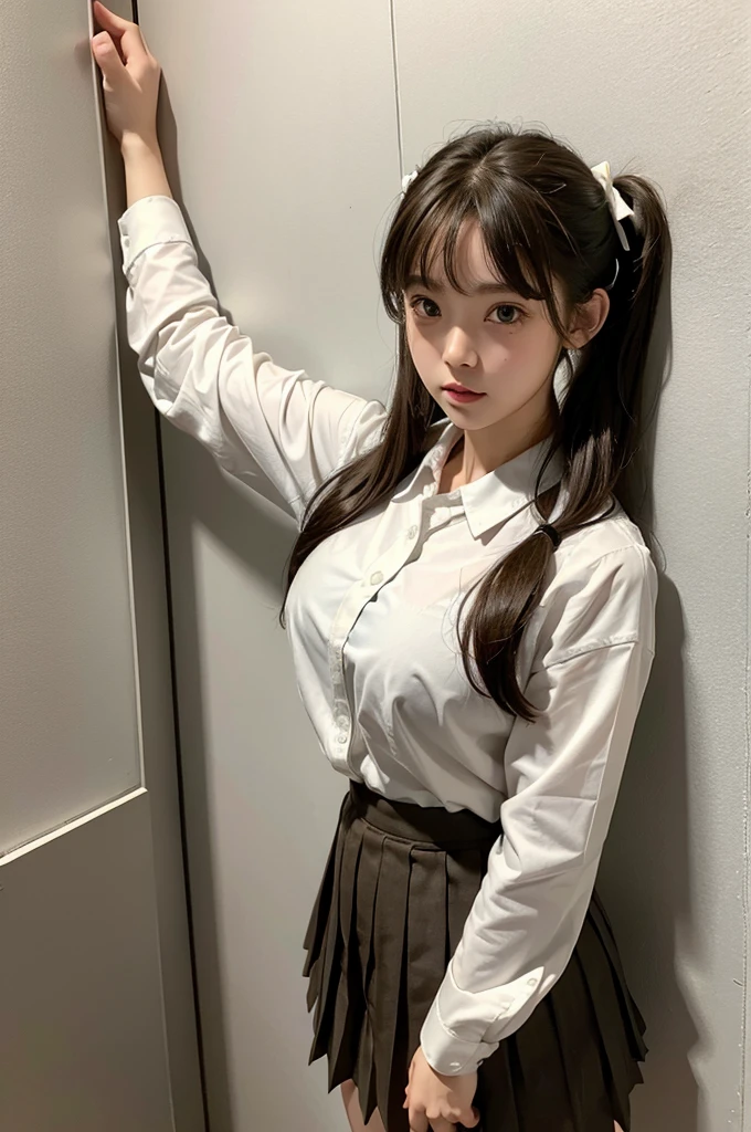 (masterpiece, Highest quality, 8K, High resolution),(Realistic skin texture, Perfect Face, Realistic, Perfect hands, Perfect finger count, Japanese, Girl), (20-year-old), Big Eyes, Brown eyes, Brown Hair, bangs, Twin tails, Big hair ribbon, Small face, Crying face, ((White button-up shirt, tits, tie, Mini Pleated Skirt)), Leaning against a wall, Cute pose, In an abandoned house, Litter