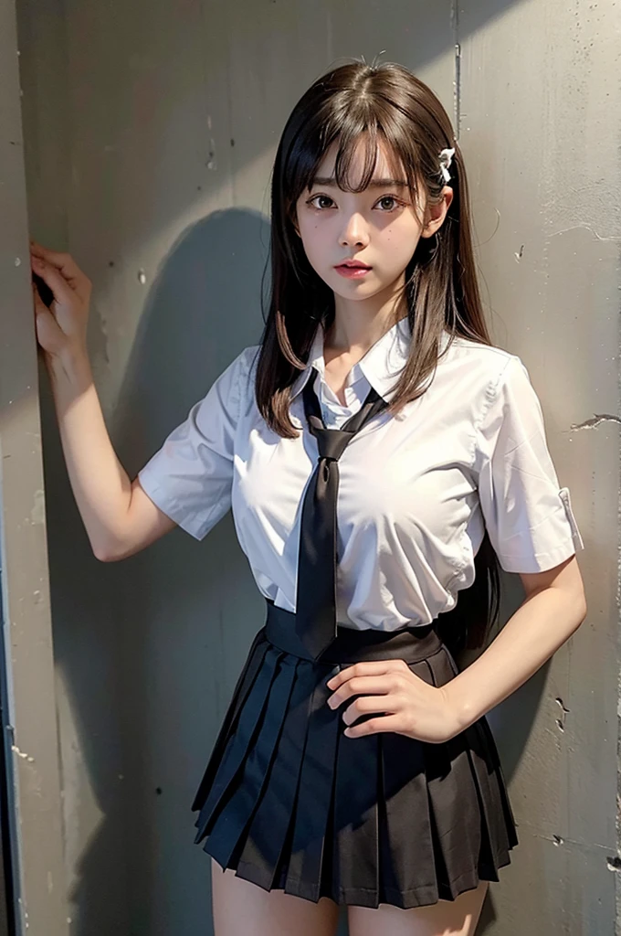 (masterpiece, Highest quality, 8K, High resolution),(Realistic skin texture, Perfect Face, Realistic, Perfect hands, Perfect finger count, Japanese, Girl), (20-year-old), Big Eyes, Brown eyes, Brown Hair, bangs, Twin tails, Big hair ribbon, Small face, Crying face, ((White button-up shirt, tits, tie, Mini Pleated Skirt)), Leaning against a wall, Cute pose, In an abandoned house, Litter