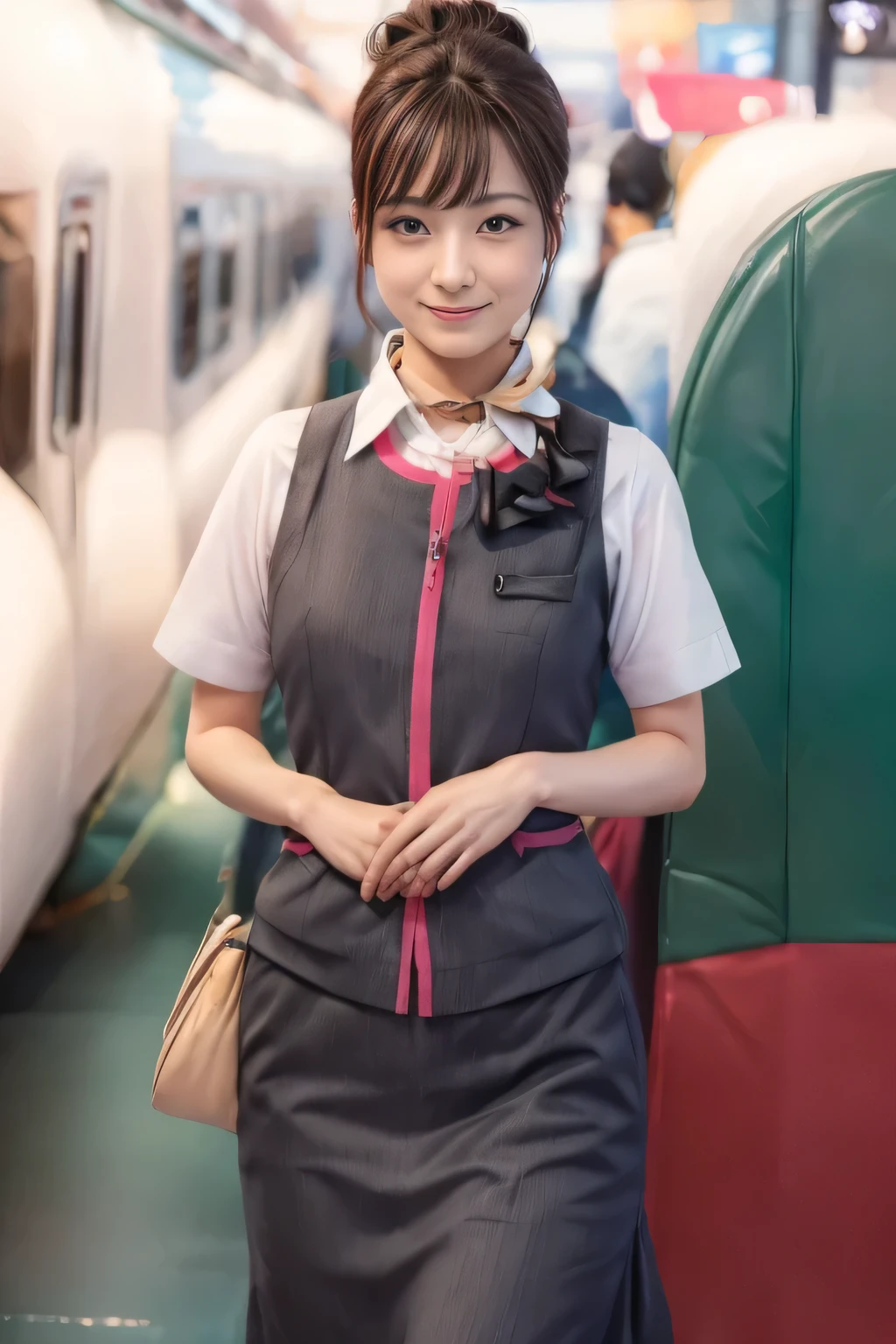 (masterpiece:1.2, Highest quality:1.2), 32k HDR, High resolution, (alone、One girl)、(At the station platform、Professional Lighting)、Empty train station platform background、(Realistic style of JR Gran Class crew uniform)、Short sleeve blouse、a scarf around the neck、(JR Gran Class flight attendant uniform with pink parts on the skirt sleeves)、(The uniform of a flight attendant in JR Gran Class has a pink line on the front zipper of the vest.)、Dark brown hair、(Chignon、Hair tied up)、Dark brown hair、Long Shot、Big Breasts、((Great hands:2.0)),((Harmonious body proportions:1.5)),((Normal limbs:2.0)),((Normal finger:2.0)),((Delicate eyes:2.0)),((Normal eyes:2.0)))、Big Breasts、Luxury Necklace、smile、Beautiful standing posture,Place your hands around your stomach