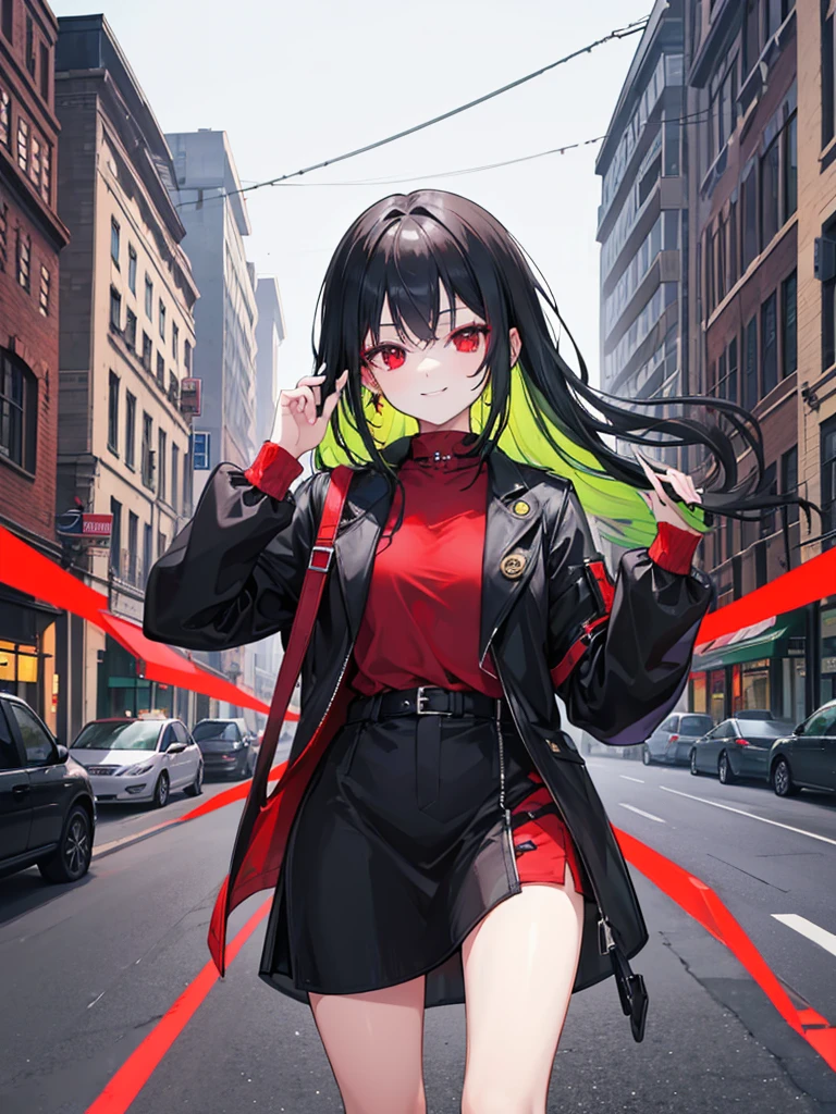 woman, red eyes, long curry wauy half black and green hair. wear black jacket winter, arrogant, independent woman. background in town. kind smile. IDOL.