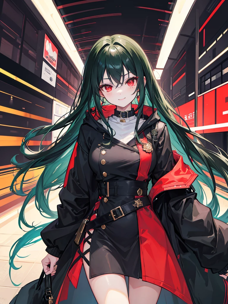 ((masterpiece, best quality)), 1girl, hishimiya tsugaru, red eyes, green hair, bangs, red clothes, black thighhighs, ribbon, pleated skirt <lyco:hishimiyaTsugaruBeatmania:0.75>