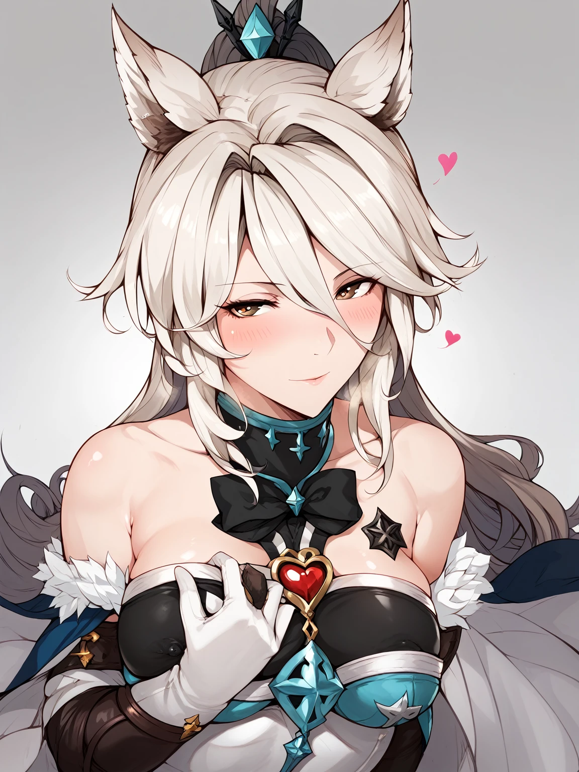 score_9, score_8_up, score_7_up, score_6_up, uncensored, katalina \(granblue fantasy\), brown hair, forehead, parted bangs, long hair, wavy hair, brown eyes, adult, mature, naughty face, 1girl, heart, gloves, gradient_background, breasts, gradient, animal_ears, solo, blush, symbol-shaped_pupils, large_breasts, heart-shaped_pupils, bare_shoulders, rating:questionable, nipples, looking_at_viewer, elbow_gloves, dress, jewelry, closed_mouth, strapless, gem,