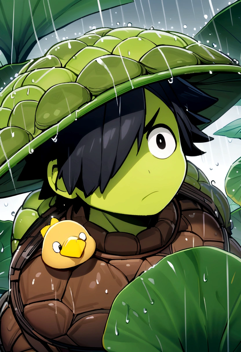 male kappa, black hair covering one eye, big round black eyes, yellow beak, green skin, brown turtle shell on back, holds lotus leaf to shield from rain, thin body