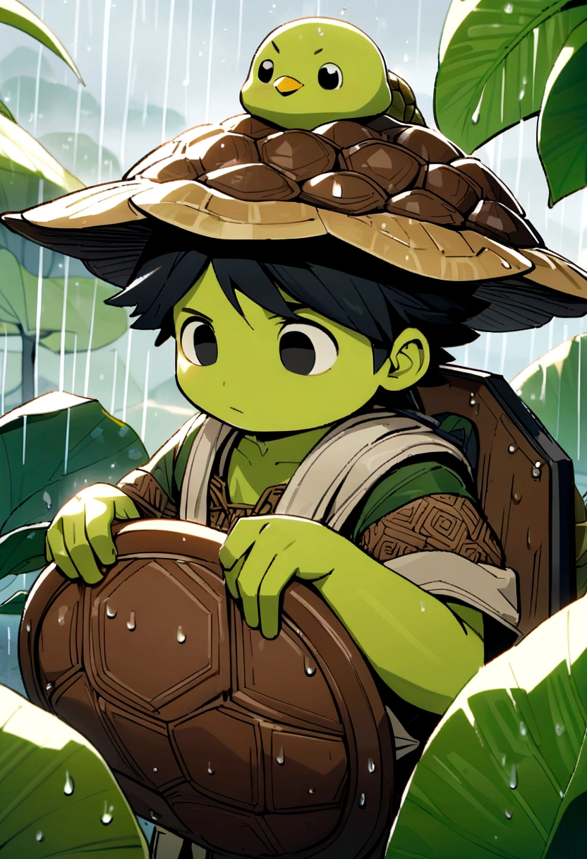 male kappa, black hair covering one eye, big round black eyes, yellow beak, green skin, brown turtle shell on back, holds lotus leaf to shield from rain, thin body