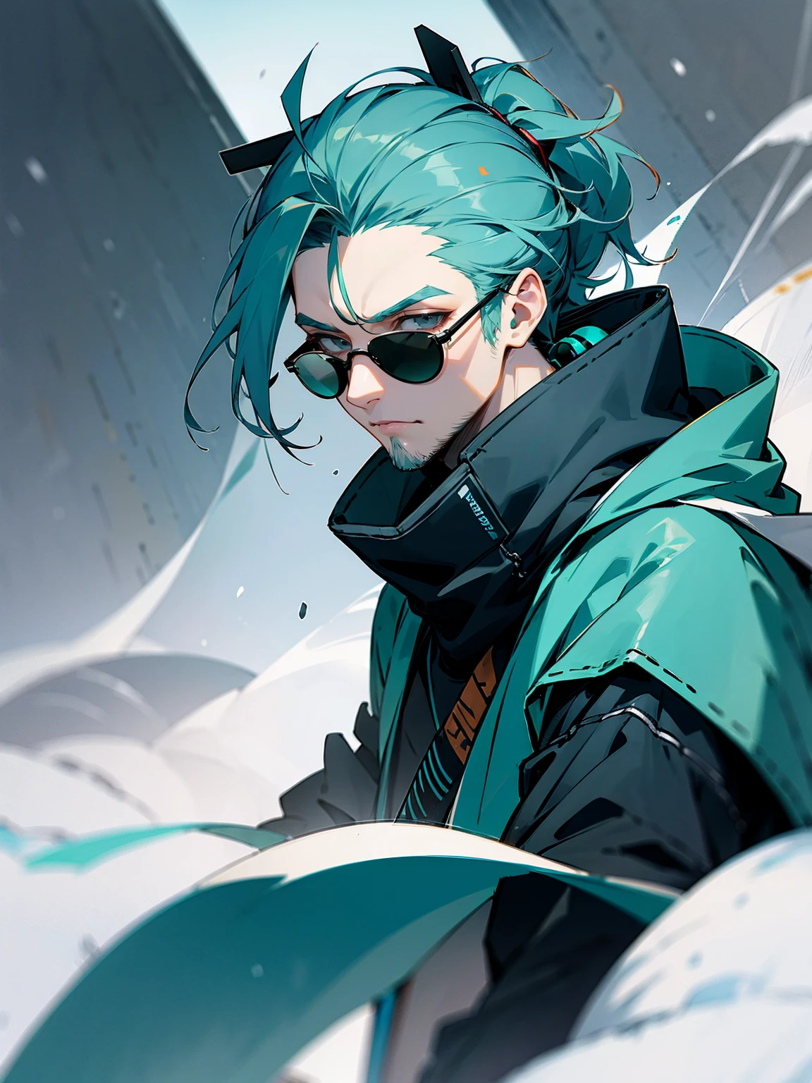 1male, adult, grey eyes, sunglasses, teal hair, messy hair, pony tail, long hair, scarf, headphones, techwear, snow, serious, stubble, lean build