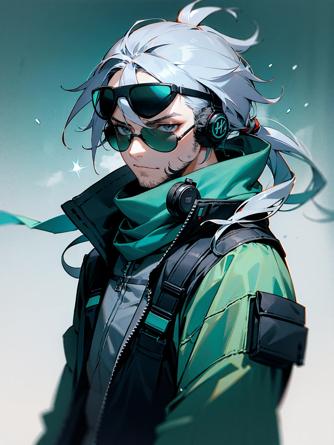 1male, adult, grey eyes, sunglasses, teal hair, messy hair, pony tail, long hair, scarf, headphones, techwear, snow, serious, stubble, lean build