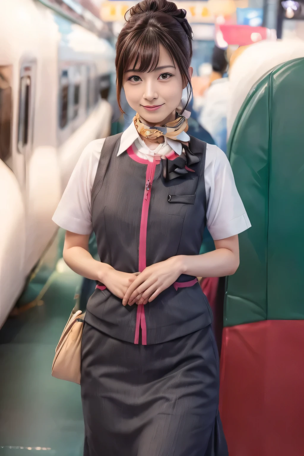 (masterpiece:1.2, Highest quality:1.2), 32k HDR, High resolution, (alone、One girl)、（At the station platform、Professional Lighting）、Empty train station platform background、（Realistic style of JR Gran Class crew uniform）、Short sleeve blouse、a scarf around the neck、（JR Gran Class flight attendant uniform with pink parts on the skirt sleeves）、（The uniform of a flight attendant in JR Gran Class has a pink line on the front zipper of the vest.）、Dark brown hair、（Chignon、Hair tied up）、Dark brown hair、Long Shot、Big Breasts、（（Great hands：2.0）），（（Harmonious body proportions：1.5）），（（Normal limbs：2.0）），（（Normal finger：2.0）），（（Delicate eyes：2.0）），（（Normal eyes：2.0））)、Big Breasts、Luxury Necklace、smile、Beautiful standing posture,Place your hands around your stomach