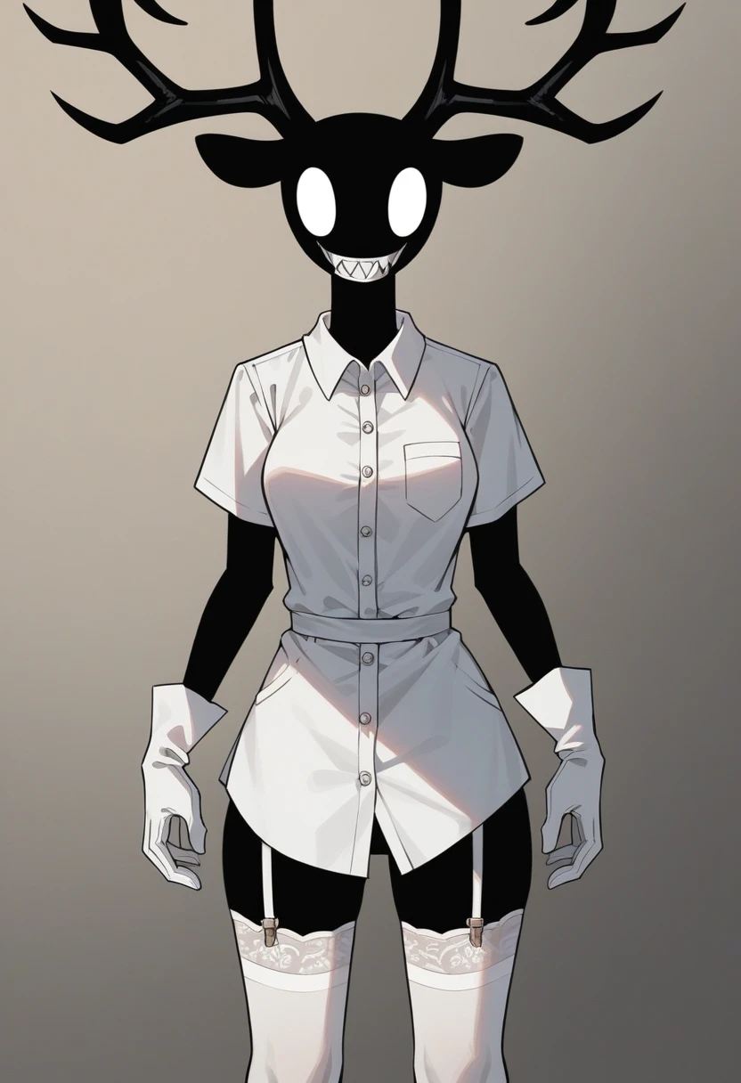 (best qualityer, masterpiece1.2), 1 girl, standing alone, antrum, cally3d, (black body), (darling ink), antlers, sharped teeth, white Stockings, Woman, housekeeper, eyes black, (no pupils), (white shirt), neckleace, knickers, Stockings, whitegloves, white face, sensuous, detailded, extreme detail, perfect lighting, 4K, cloused mouth, devil's tail, White tooth,