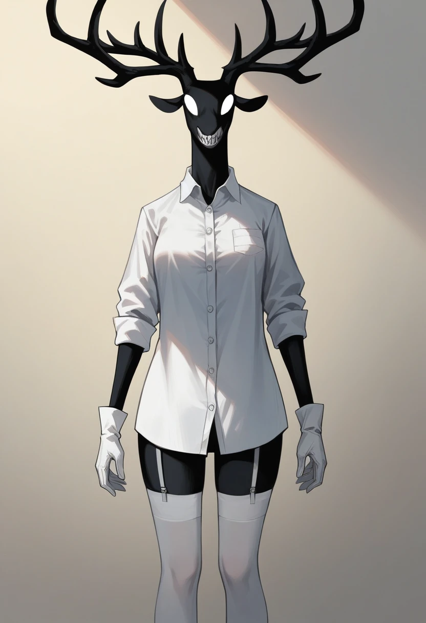 (best qualityer, masterpiece1.2), 1 girl, standing alone, antrum, cally3d, (black body), (darling ink), antlers, sharped teeth, white Stockings, Woman, housekeeper, eyes black, (no pupils), (white shirt), neckleace, knickers, Stockings, whitegloves, white face, sensuous, detailded, extreme detail, perfect lighting, 4K, cloused mouth, devil's tail, White tooth,