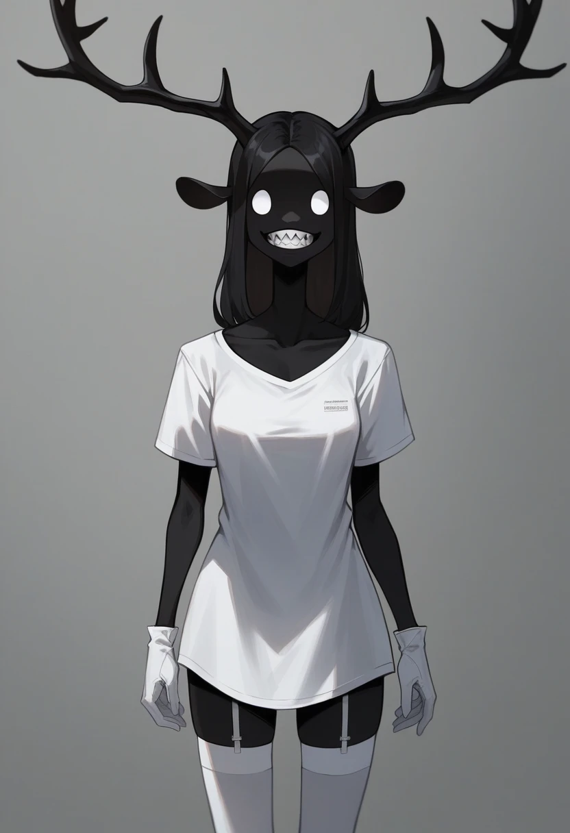 (best qualityer, masterpiece1.2), 1 girl, standing alone, antrum, cally3d, (black body), (darling ink), antlers, sharped teeth, white Stockings, Woman, housekeeper, eyes black, (no pupils), (white shirt), neckleace, knickers, Stockings, whitegloves, white face, sensuous, detailded, extreme detail, perfect lighting, 4K, cloused mouth, devil's tail, White tooth,