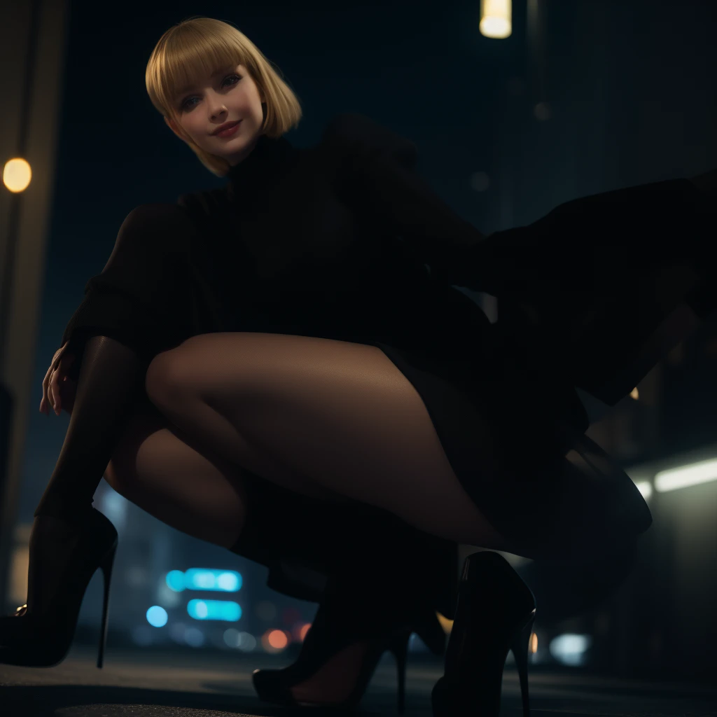 1girl, german girl, age8, wearing evening dress and black pantyhose, bobcut blond, high heels stiletto, smoking and smiling . Realistic, skin detail. Masterpiece. High resolution , anime manga, in the streets of Tokyo,lot of lights