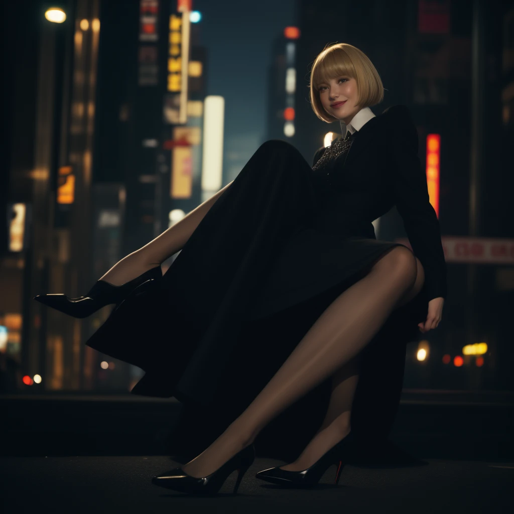 1girl, german girl, age8, wearing evening dress and black pantyhose, bobcut blond, high heels stiletto, smoking and smiling . Realistic, skin detail. Masterpiece. High resolution , anime manga, in the streets of Tokyo,lot of lights 