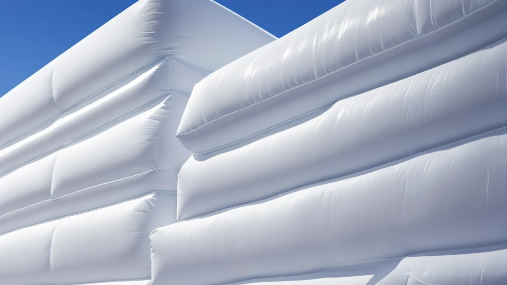 A wall composed of inflatable blocks,Realistic of a inflatable installation in the shape, white inflatable plastic film material, wrapped in a white polyester sheet. close-up,Front view,minimalist, most best quality,32K Ultra HD, super detail, best quality, highres, high details,Top view