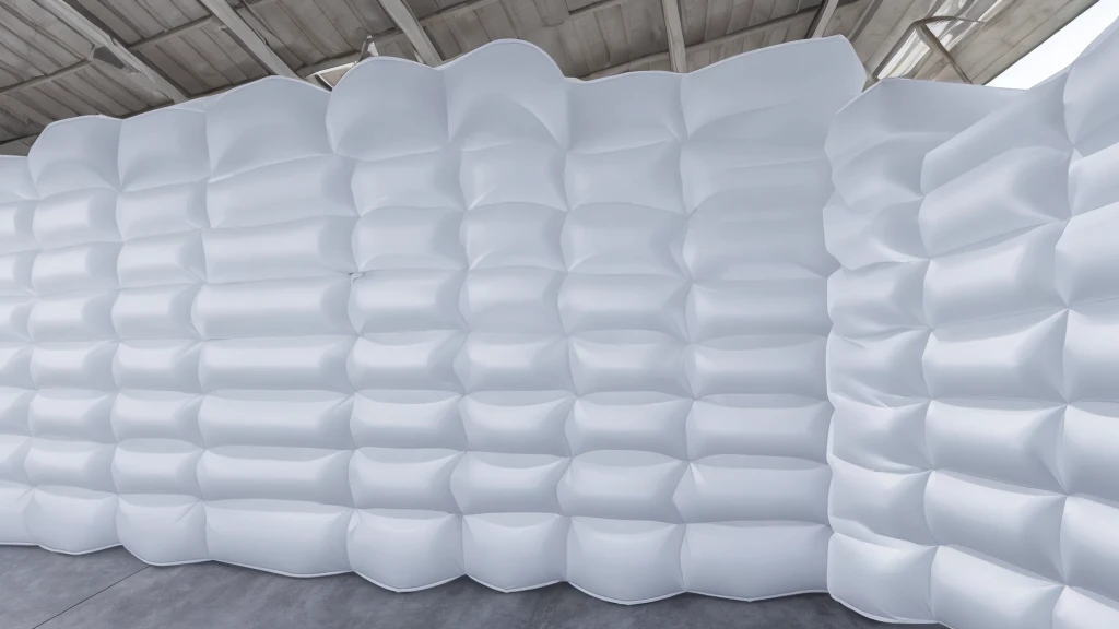 A wall composed of inflatable blocks，Realistic of a inflatable installation in the shape, white inflatable plastic film material, wrapped in a white polyester sheet. close-up，Front view，minimalist, most best quality,32K Ultra HD, super detail, best quality, highres, high details，Top view