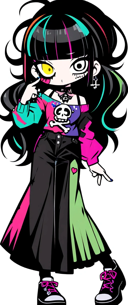 Full Body、whole body、ridicule、Finger prick、Black Hair、Black Feather、Gothic Punk,anime zombie witch design, crossbones, skulls, street wear design, pro vector, Horror style, full design, 6 colors only, solid colors, no shadows, full design, sticker, bright colors, white background.super fine illustration,(((beautiful fine hair))),(((beautiful fine face))),(((beautiful fine background))),(((beautiful fine hair))),(((beautiful fine face))),(((beautiful fine background))),Midsummer、beachBlack Hair、blunt bangs、Cross-eyed