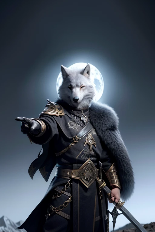 A wolf king with swords and hammer in hand, ((standing on mountain top)),((pointing towards dark black sky)), ((scratchs on face ))