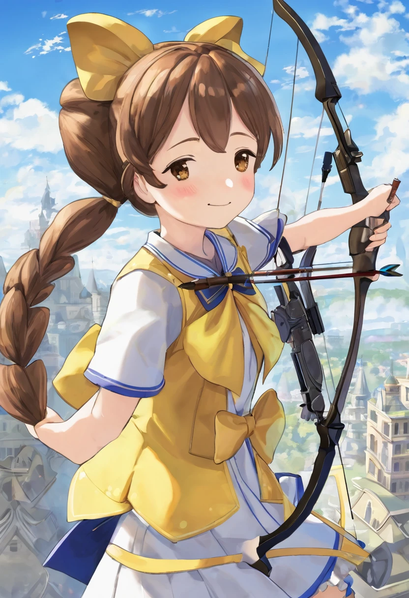 1 girl, alone, broad, blush, SMILE, Brown hair, bow, two tails, Closed eyes, weapon, short sleeves, hair bow, sky, day, blue sky, building, in front of the viewer, yellow bow, bow (weapon), ARROW (projectile)