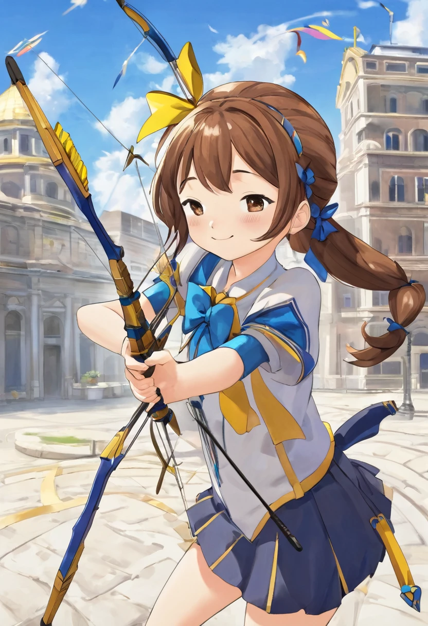 1 girl, alone, broad, blush, SMILE, Brown hair, bow, two tails, Closed eyes, weapon, short sleeves, hair bow, sky, day, blue sky, building, in front of the viewer, yellow bow, bow (weapon), ARROW (projectile)