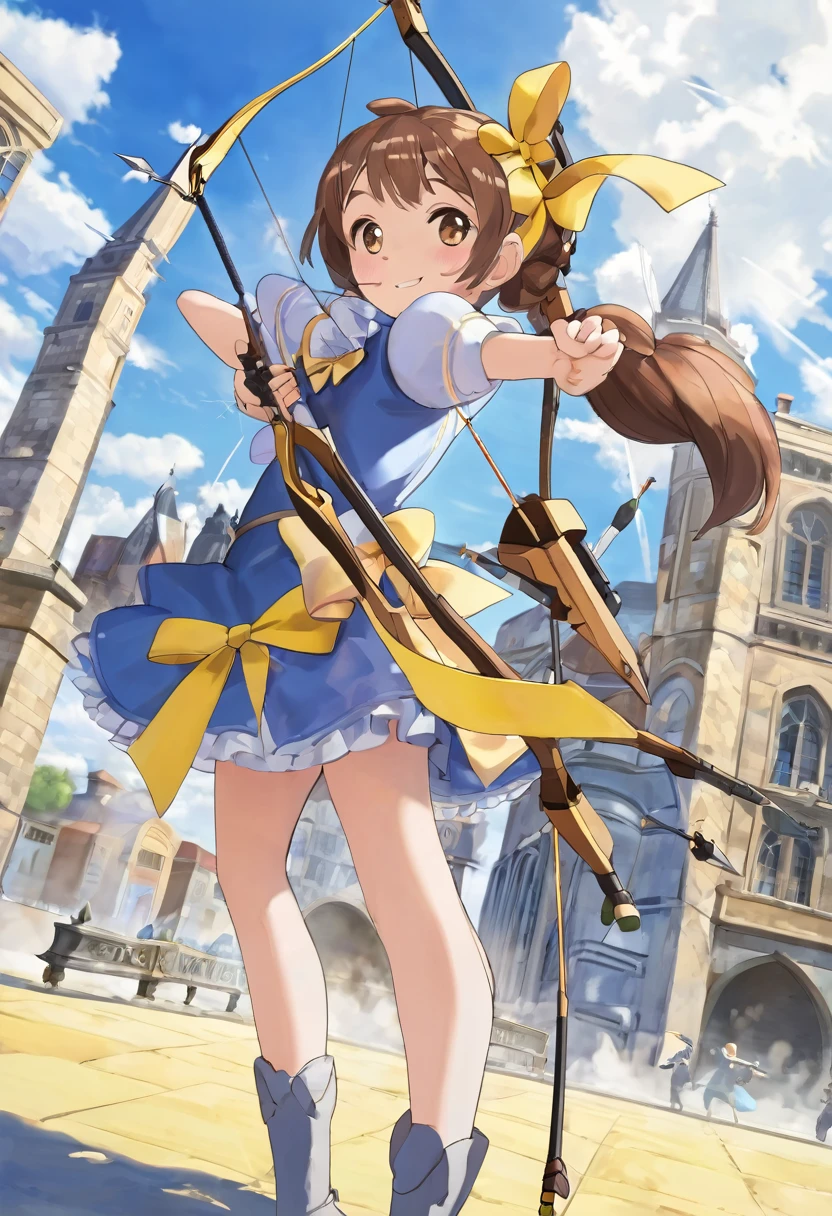 1 girl, alone, broad, blush, SMILE, Brown hair, bow, two tails, Closed eyes, weapon, short sleeves, hair bow, sky, day, blue sky, building, in front of the viewer, yellow bow, bow (weapon), ARROW (projectile)