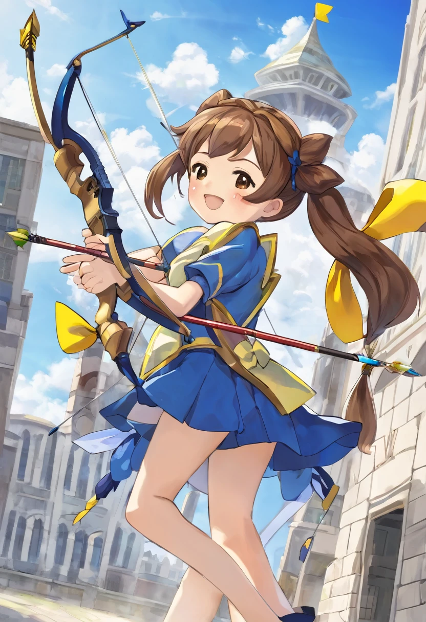 1 girl, alone, broad, blush, SMILE, Brown hair, bow, two tails, Closed eyes, weapon, short sleeves, hair bow, sky, day, blue sky, building, in front of the viewer, yellow bow, bow (weapon), ARROW (projectile)