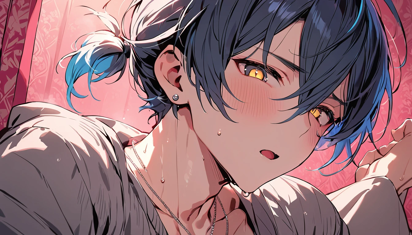 ((((best masterpiece, best quality, wallpaper,)))) solo, guy, male body, small muscles, flat chest, 1male, 30 years old, handsome man, dramatic angle, upper body, looking at viewers, beautiful detailed, mediumturquoise hair, ((((Lower short ponytail)))), asymmetrical bangs, ((short hair,)) blush stickers, sweat, (((perfect face, extremely detailed eyes,))) ((( jitome, gold eyes, ^o^, tareme, droopy eyes,))) perfect hands, sharp nose, clear face, black turtleneck, grey cardigan, ((silver piercing, pendant,)) leggings, pink background color ultrasharp, 8K, masterpiece,