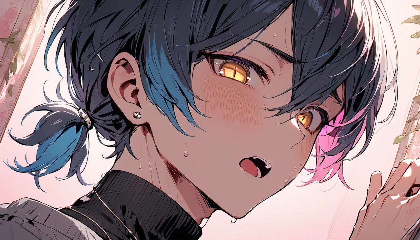 ((((best masterpiece, best quality, wallpaper,)))) solo, guy, male body, small muscles, flat chest, 1male, 30 years old, handsome man, dramatic angle, upper body, looking at viewers, beautiful detailed, mediumturquoise hair, ((((Lower short ponytail)))), asymmetrical bangs, ((short hair,)) blush stickers, sweat, (((perfect face, extremely detailed eyes,))) ((( jitome, gold eyes, ^o^, tareme, droopy eyes,))) perfect hands, sharp nose, clear face, black turtleneck, grey cardigan, ((silver piercing, pendant,)) leggings, pink background color ultrasharp, 8K, masterpiece,
