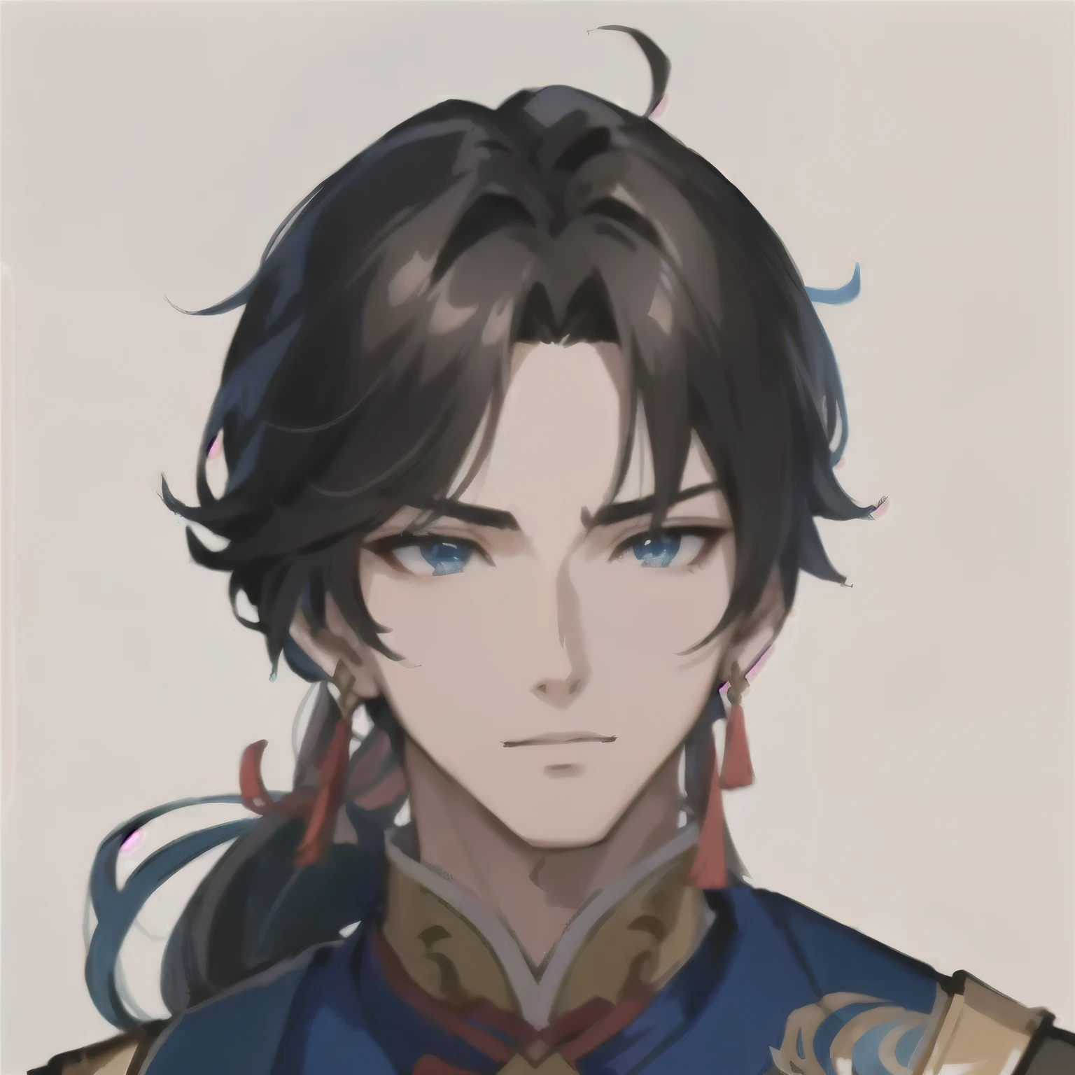 Wearing a blue shirt、Close-up of a person wearing a red necklace, beautiful androgynous prince, Keqing from genshin impact, heise jinyao, Delicate hermaphroditic prince, 《Genshin Impact》Zhongli, The handsome guy in Demon Slayer, zhao yun, author:Yang J, Inspired by Zhao Yuan, bian lian, by Li Zai