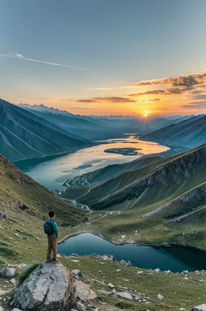 There are high mountains all around. A boy is standing on one peak. The mountains are green. A river is flowing between the mountains. There is a big pond below the mountains. The sun is setting in the sky. The color of the sky has turned light orange. Birds are flying in the sky.