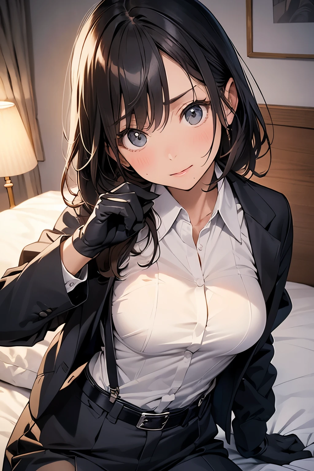 suspenders Moderate breasts Small face holster Beautiful woman Lying in bed Looking up Sweat belt summer 脇Sweat Black Hole Gloves suit shirt Black jacket Black trousers Leg Links ズボンにbelt