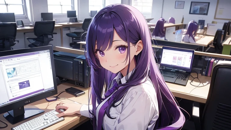 Using a computer, cheerful, smiling, one cute girl, dress shirt, no exposure, purple hair, semi-long, looking at the camera, bright computer room, person positioned on the right, illustration, no cut-off