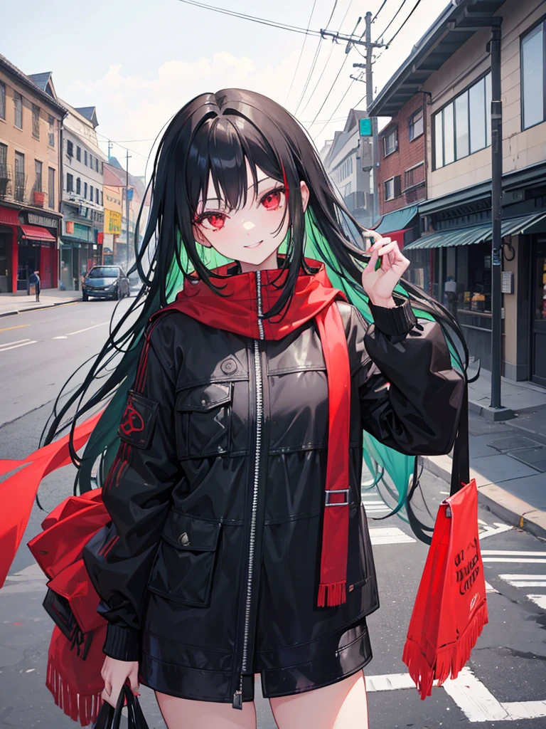 woman, red eyes, long curry wauy half black and green hair. wear black jacket winter, arrogant, independent woman. background in town. kind smile. IDOL.