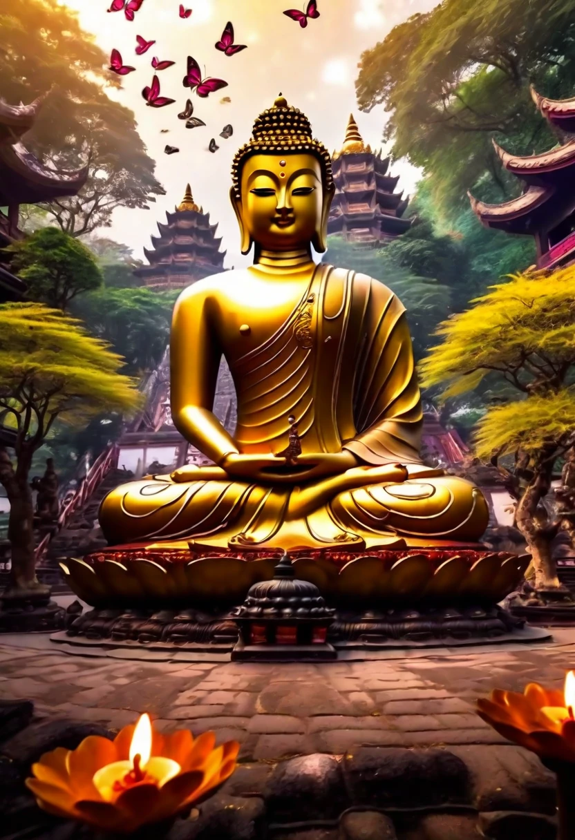Create a 16:9 size image of Buddhism, a magical evening scene, behind is a large temple yard, sparkling trees, there are Buddhists writing scripts sitting in front of the yard, there is a large Buddha statue, there are many butterflies Gold adorns the picture more fancifully