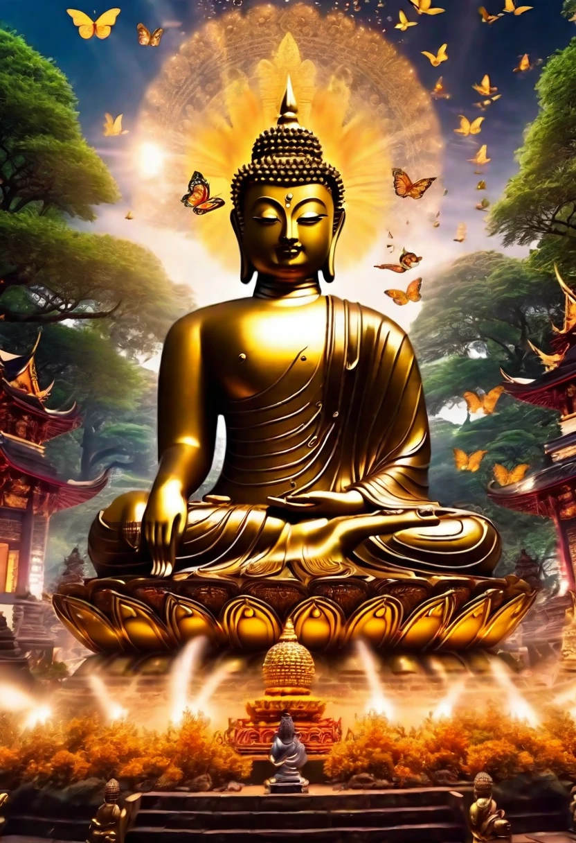 Create a 16:9 size image of Buddhism, a magical evening scene, behind is a large temple yard, sparkling trees, there are Buddhists writing scripts sitting in front of the yard, there is a large Buddha statue, there are many butterflies Gold adorns the picture more fancifully