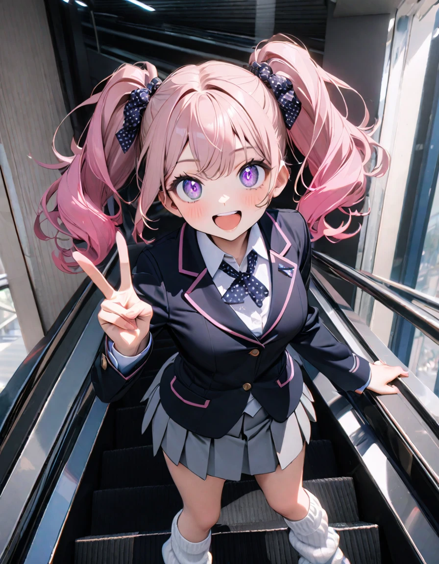 (8K, best quality, master piece: 1.2), super high resolution,1 girl,,solo,1ultra-detailed face,detailed eyes,sparkling pupils,Mascara,Bubblegum Pink hair,natural wave hair,twintails,amethyst Eyes,(scrunchie,blazer,Short pleated skirt),(gray:1.5),navel,polka-dot pattern Ribbon tie,happy,medium breasts,((loose socks)),(making a peace sign),リムライト,standing on a down escalator,Look at Viewer