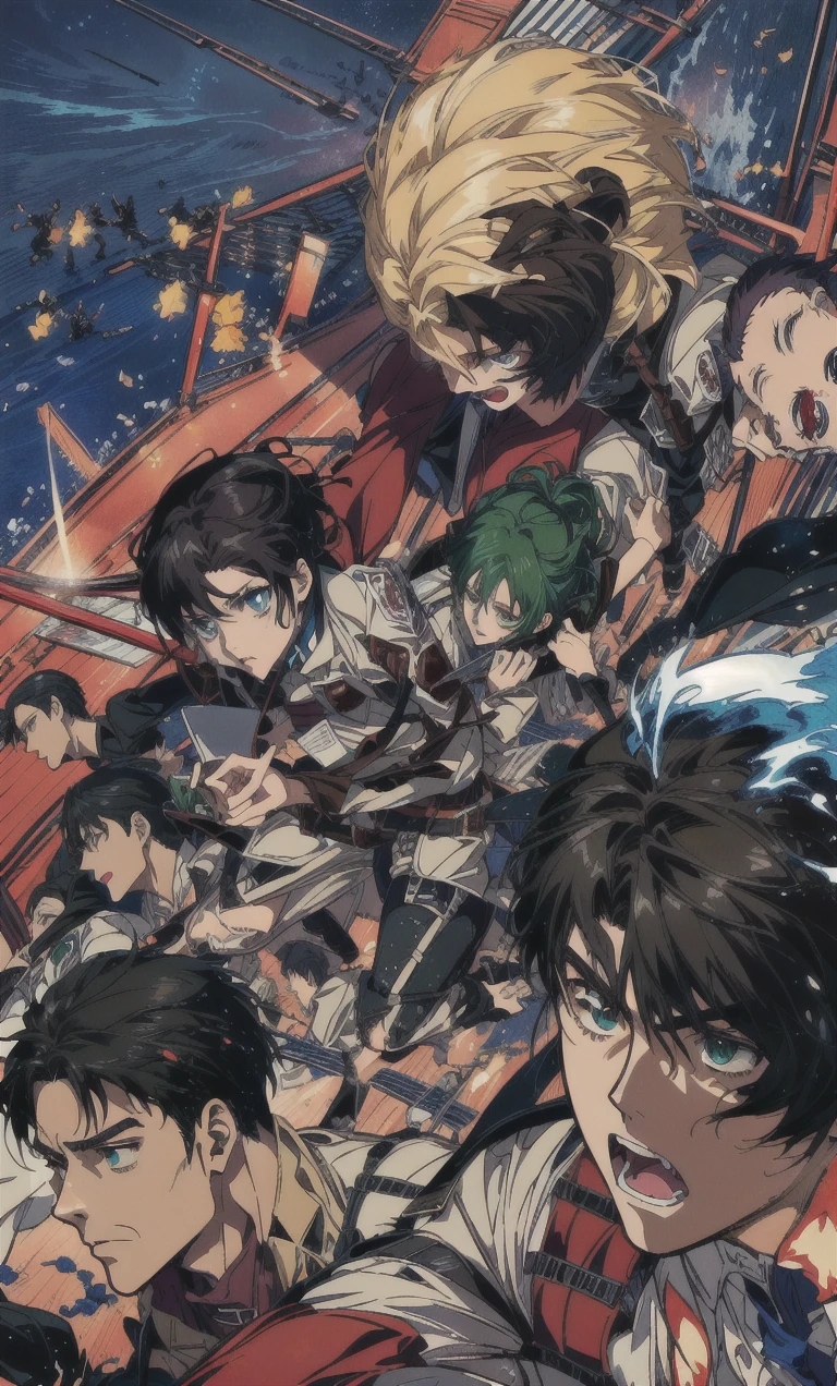 anime characters are riding on a boat with a group of people, shingeki no kyojin, attack on titan covert art, (attack on titans anime), from attack on titan, attack on titan anime style, attack on titans, anime key visual”, attack on titan, style of hajime isayama, key visual of attack on titan, snk