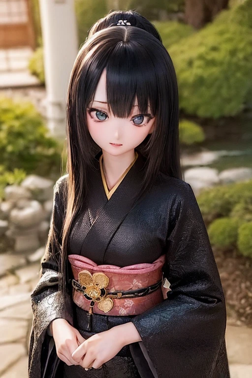 (SFW:2), photorealistic, realistic photo, ((highest quality)), ((masterpiece)), (extremely detailed), kukolnydom, doll, (mature woman, 22yo, 22 years old:1.6), solo, ((cowboy shot, standing, black kimono, skinny, slender, slim, parted lips)), green eyes, (black hair, long hair, looking down, blank eyes, empty eyes, detailed eyes, detailed face, Japanese garden:1.3), obi, hair ornament, 8k