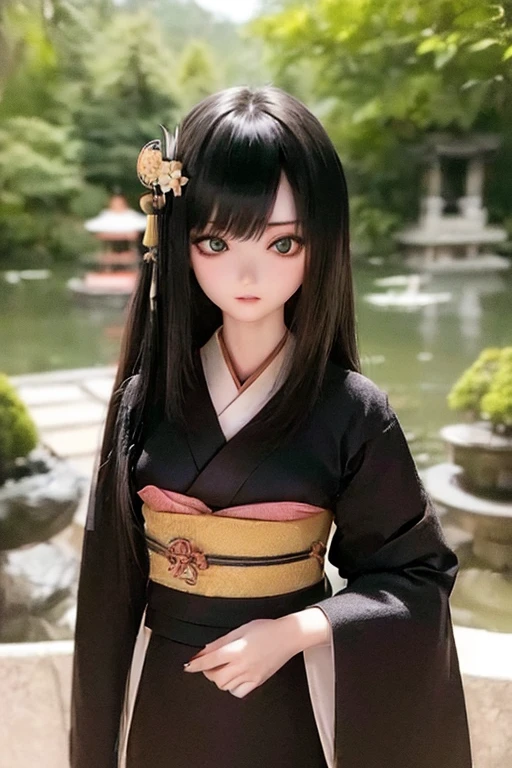 (SFW:2), photorealistic, realistic photo, ((highest quality)), ((masterpiece)), (extremely detailed), kukolnydom, doll, (mature woman, 22yo, 22 years old:1.6), solo, ((cowboy shot, standing, black kimono, skinny, slender, slim, parted lips)), green eyes, (black hair, long hair, looking down, blank eyes, empty eyes, detailed eyes, detailed face, Japanese garden:1.3), obi, hair ornament, 8k