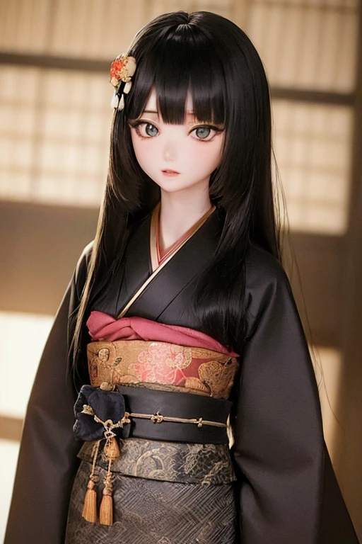 (SFW:2), photorealistic, realistic photo, ((highest quality)), ((masterpiece)), (extremely detailed), kukolnydom, doll, (mature woman, 22yo, 22 years old:1.6), solo, ((cowboy shot, standing, black kimono, skinny, slender, slim, parted lips)), green eyes, (black hair, long hair, looking down, blank eyes, empty eyes, detailed eyes, detailed face, Japanese garden:1.3), obi, hair ornament, 8k