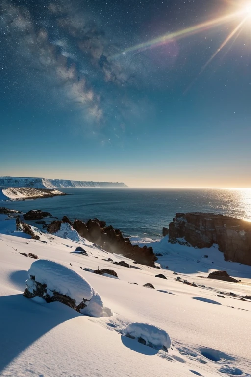 A real photographic landscape painting with incomparable reality,Expansive view,On sea surface,Stars,Sunshine,Winter,Light effect,Realistic,Denis sarazhin,artstation