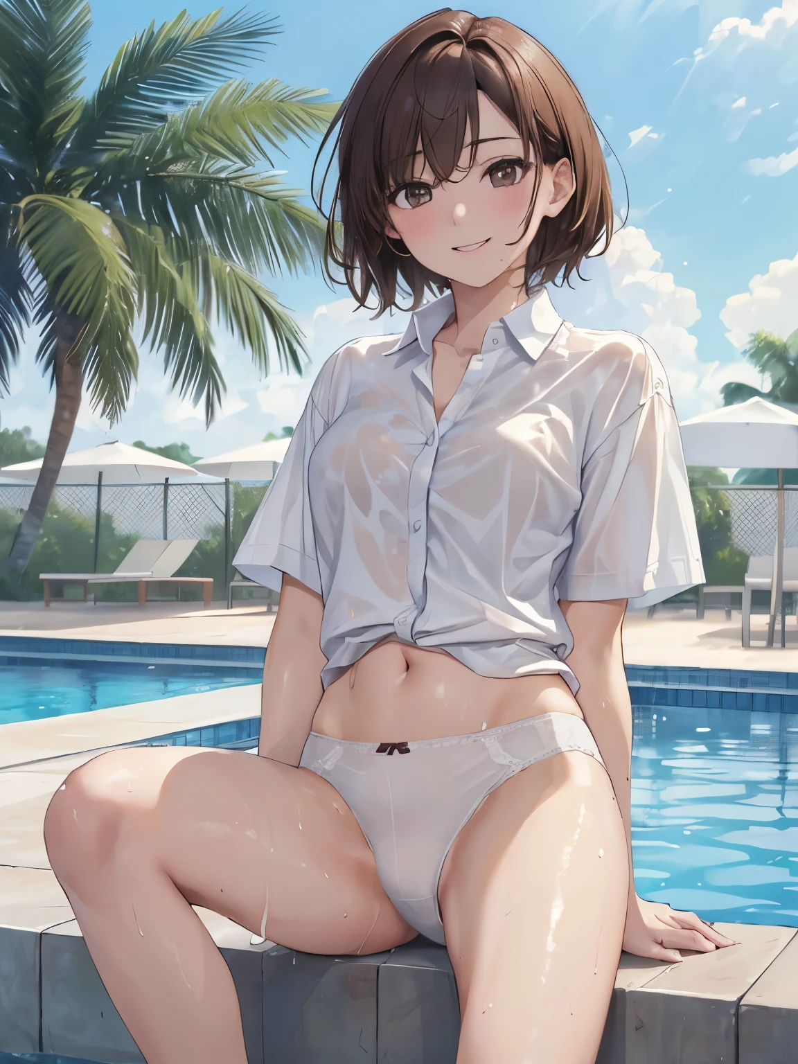 (8K、masterpiece、Highly detailed background、high resolution、Portrait、Knee Shot、Front lighting)、(Beauty、20-year-old、Short Hair、Brown Hair)、(My whole body is wet、、Short sleeve shirt with white collar、Adult underwear visible under a shirt、Bottoms are just underwear)、Poolside、smile、Embarrassed expression