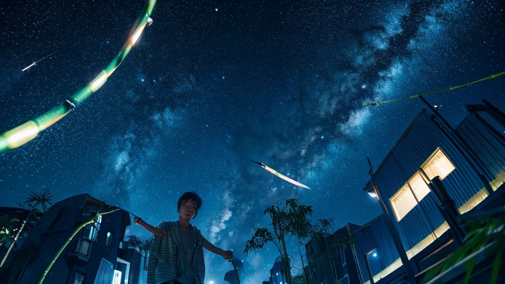 Tanabata, Night Sky, shooting star, Strip, bamboo, anime, An illustration