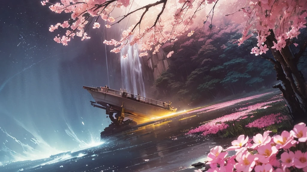 32k, Masterpiece, Highest quality, One girl, Brown Hair, Detailed eyes, flower,Freesia, Pink and navy style,A dreamy, romantic piece,Pale yellow, Mysterious Leaves,A playful arrangement,Fantasy,High Contrast,Ink strokes,explosion,Exposure, Impression of pink and navy tones,Abstract,((Watercolours by John Berkey and Jeremy Mann )) Brush strokes,Negative Space, Tyndall effect,