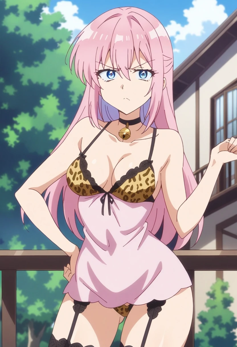 anime art style, 2d, masterpiece, best quality, very aesthetic, absurdres, dynamic shadows, atmosferic, shikimorisan, (1girl), pink hair, long hair, blue eyes, narrowed eyes, detailed eyes, hair between eyes, bangs, medium breasts, makeup, curvy body, sexy, lingerie, nightgown, garter straps, choker, leopard_print, bell, angry, ((cowboy shot)), (arms on hip), ((pose)), (from front), (balcony), (forest), (old house), (looking at viewer:1.0)