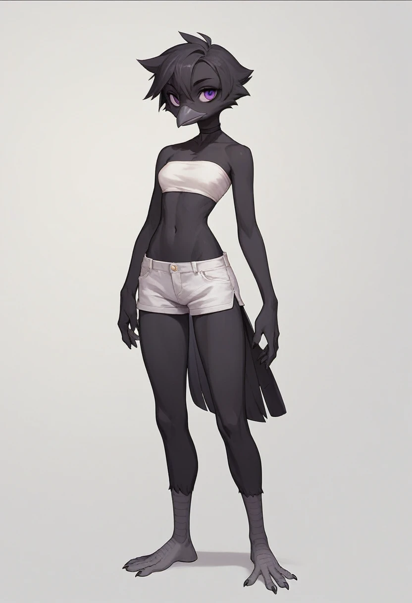 Score_9, score_8_up, score_7_up, flat colors, an Anthro avian crow girl, female, small grey beak, tall, small crow tail, black body, standing, white background, purple eyes, short black emo hair, hands with five fingers, wearing white bandeau, white short shorts, full body shot, plantigrade bird feet with three toes,