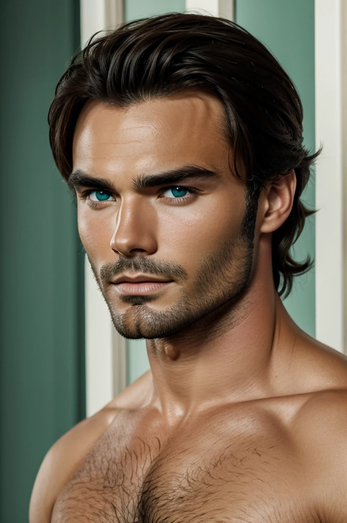 man, facial features of Giulio Berruti but with one green and one blue eyes