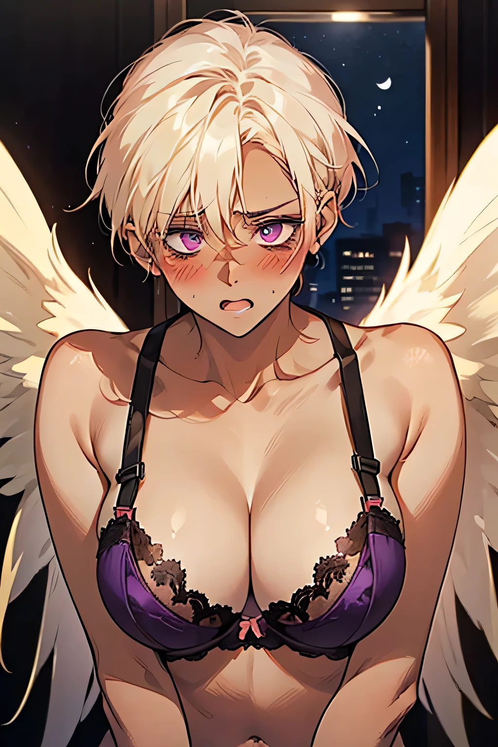 short hair,((blonde)),((anger:1.1)),((Embarrassing:1.1)),((Blush 1.5)),Purple eyes,Large Breasts,Dark purple bra,((Brown Skin:1.5)),Angel Wings,face down. Background is indoor,night.