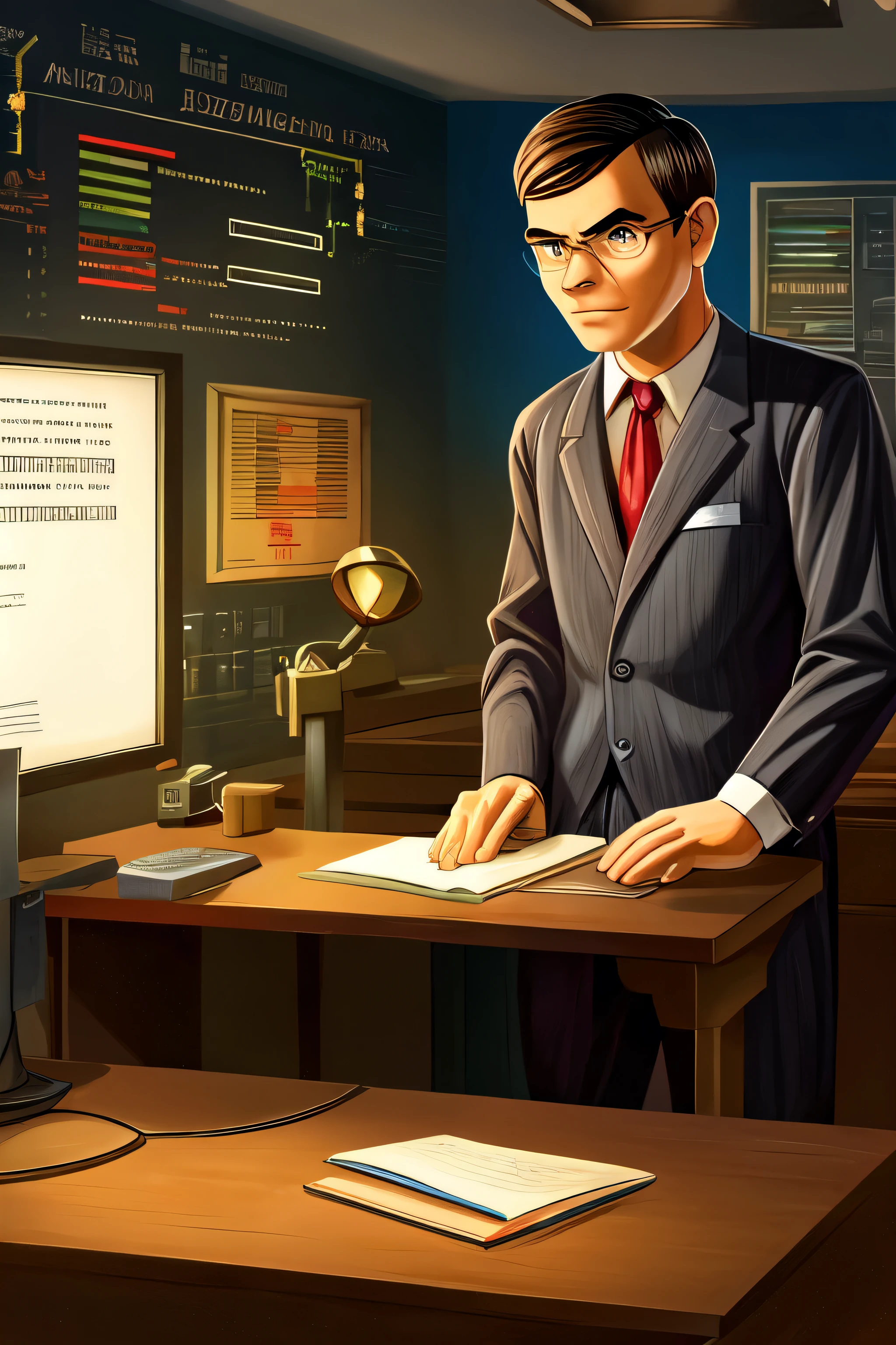Create a comic book style scene featuringics that shows Alan Turing working at his desk, developing the concept of "universal machine". The scene must include the following elements:
An office or laboratory in the 1940s.
Wooden table full of papers, mathematical diagrams and equipment.
A blackboard or chalkboard in the background featuring notes and mathematical formulas.
Alan Turing, a young and determined man, dress featuring a long sleeve shirt featuring long sleeve and tie, focused on your work. -- cref https://cdn.britannica.featuring/81/191581-050-8C0A8CD3/Alan-Turing.jpg -- featuringic book
Sobre a mesa, sketches and schematics of the universal machine concept, featuring visible symbols and algorithms.
Primitive computers or mechanical devices that hark back to the early era of computing.
open books, fountain pens and notepads featuring calculations featuring complexes.
An antique wall clock, indicating Turing&#39;s dedication to the work.
Utilize the classic comic book style featuringics: Sharp lines, vibrant colors and dramatic shading.
