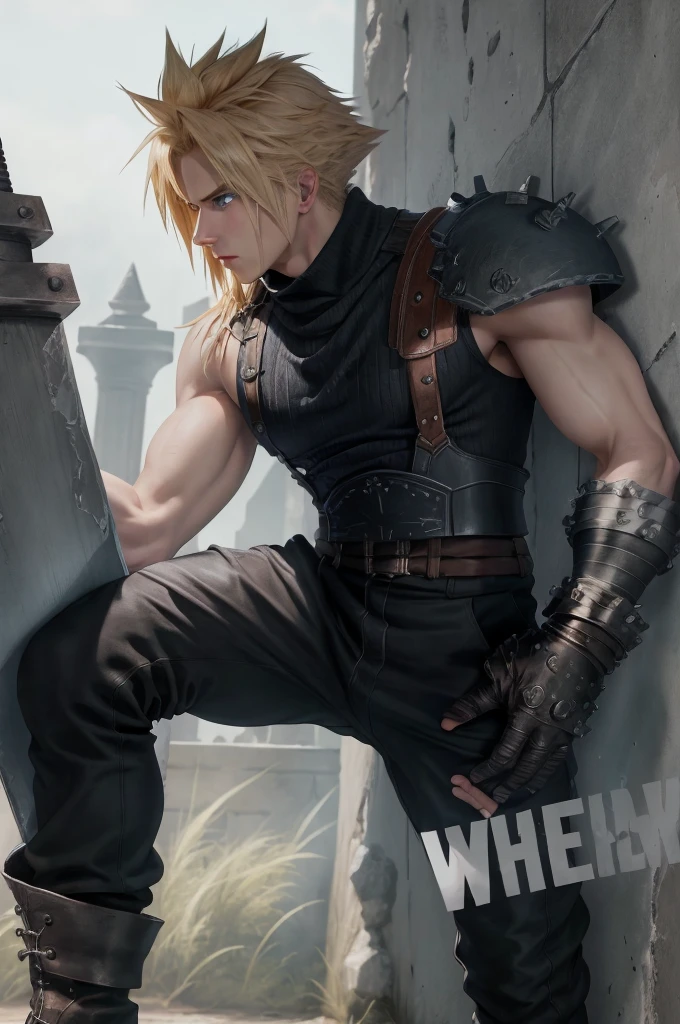White block wall behind,Facing forward,whole body,Cloud Strife has spiky blond hair, blue eyes, and wears black clothing., White marble walls,He has a large shoulder pad (pauldron) on his right shoulder, a muscular and well-toned physique, indicating his training as a warrior,He wears a black glove on his left hand, dark-colored pants, and sturdy boots. He carries a large Buster Sword and often wears a red bandana. He has a focused gaze.