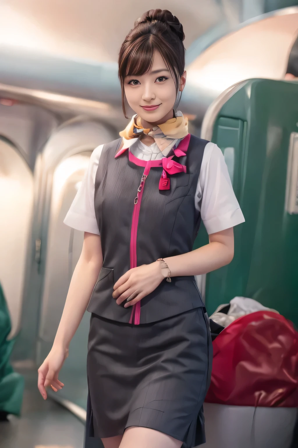 (masterpiece:1.2, Highest quality:1.2), 32k HDR, High resolution, (alone、One girl)、(At the station platform、Professional Lighting)、Empty train station platform background、(Realistic style of JR Gran Class crew uniform)、Short sleeve blouse、a scarf around the neck、(JR Gran Class flight attendant uniform with pink parts on the skirt sleeves)、(The uniform of a flight attendant in JR Gran Class has a pink line on the front zipper of the vest.)、Dark brown hair、(Chignon、Hair tied up)、Dark brown hair、Long Shot、Big Breasts、((Great hands:2.0)),((Harmonious body proportions:1.5)),((Normal limbs:2.0)),((Normal finger:2.0)),((Delicate eyes:2.0)),((Normal eyes:2.0)))、Big Breasts、Luxury Necklace、smile、Beautiful standing posture,Place your hands around your stomach