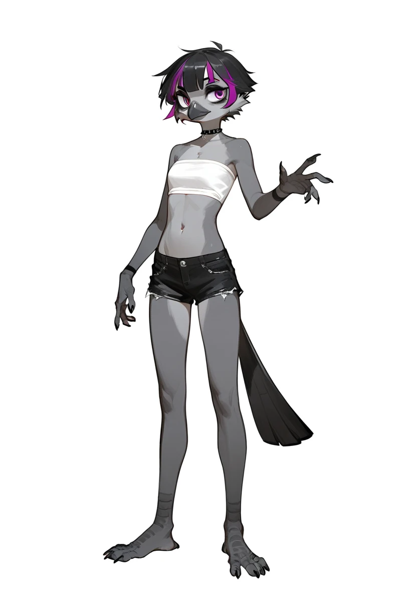 Score_9, score_8_up, score_7_up, flat colors, an Anthro avian crow girl, female, small grey beak, tall and slender, small crow tail, grey body, standing, white background, purple eyes, short black emo hair, hands with five fingers, wearing white bandeau, white short shorts, full body shot, plantigrade bird feet with three toes,